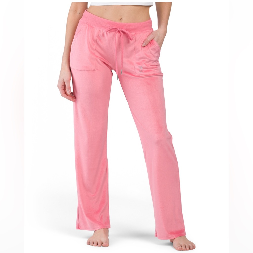 NWT Juicy Couture Velvet Fleece Wide Leg Pants With Rhinestone in Pink Lemonade
